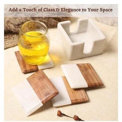 Marble Coasters Set of 4 with Holder, Wood, Dining Table Coasters for Hot Pots Tea Coffee Mugs Table Coasters Decorative Items for Home Decor