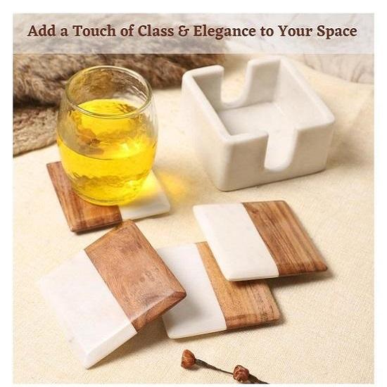 Marble Coasters Set of 4 with Holder, Wood, Dining Table Coasters for Hot Pots Tea Coffee Mugs Table Coasters Decorative Items for Home Decor