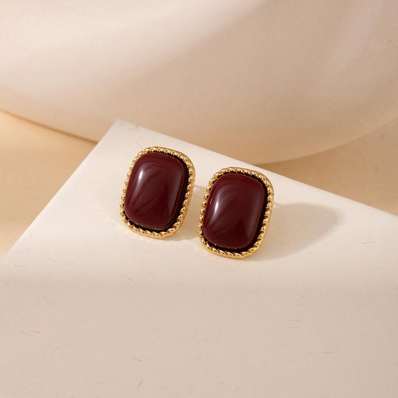 Женские ретро геометрические квадратные клипсы для ушей в цвете Анкола красный, с капающим маслом, простой модный дизайн, высококачественные, подчеркивающие темперамент, серьги