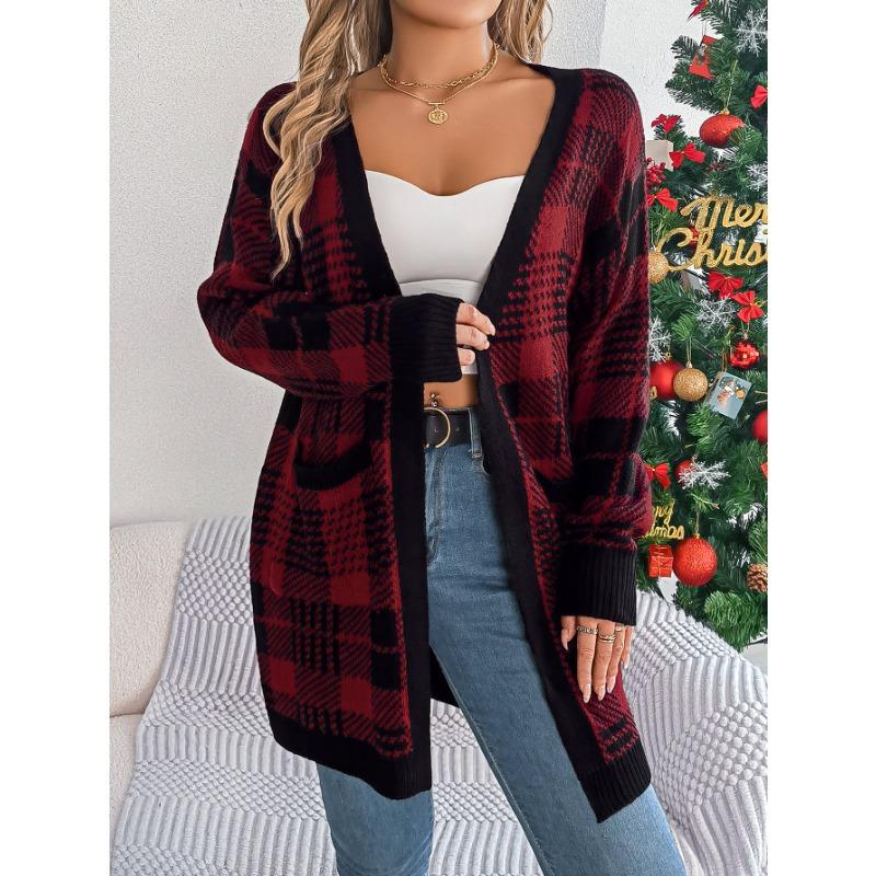 Women Casual Color Block Plaid Pocket Long Sleeve Open Cardigan Sweater Coat