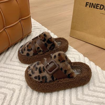Mode Damenmode Baotou Hausschuhe Winter Neu Runde Zehenpartie Leopardenmuster Dicke Sohle Rutschfest Verschleißfest Baumwollstiefel