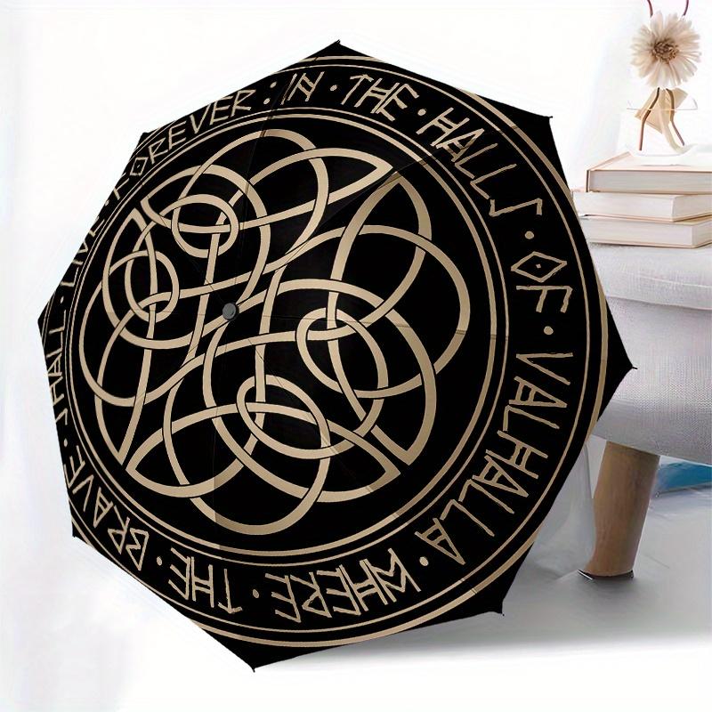 "Forever in the Halls of Valhalla" Norse Viking Warrior Sticker Umbrella, Cute Umbrella with Cute Design, Portable 3-Fold Compact Umbrella for Men & W
