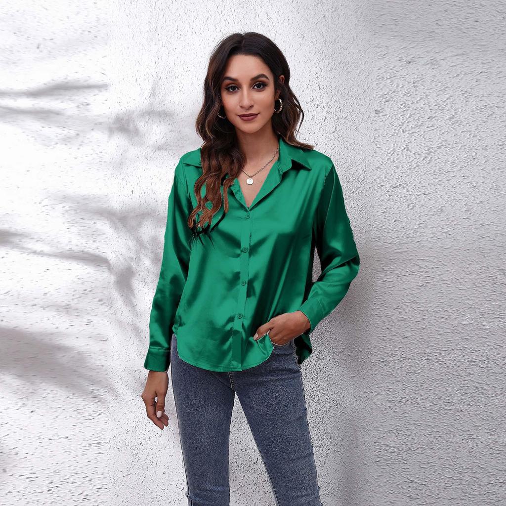 23 Colors Satin Long Sleeve Women's Shirt with Lapel - European & American Style