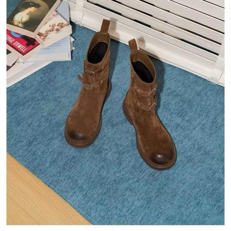 Fashion Retro Belt Buckle Skinny Booties Women's Mid Cylinder Motorcycle Boots