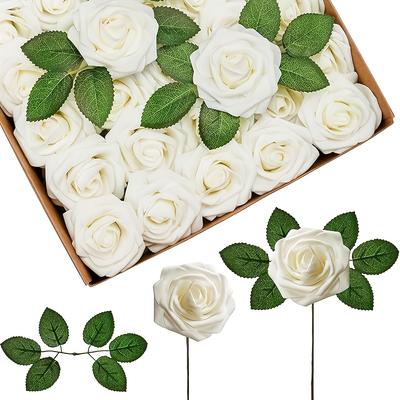 25 Roses with Stems - Artificial Flowers, Realistic Artificial Roses for DIY Wedding Bouquets, Foam Rose Decorations, Table Decorations and Home Decor