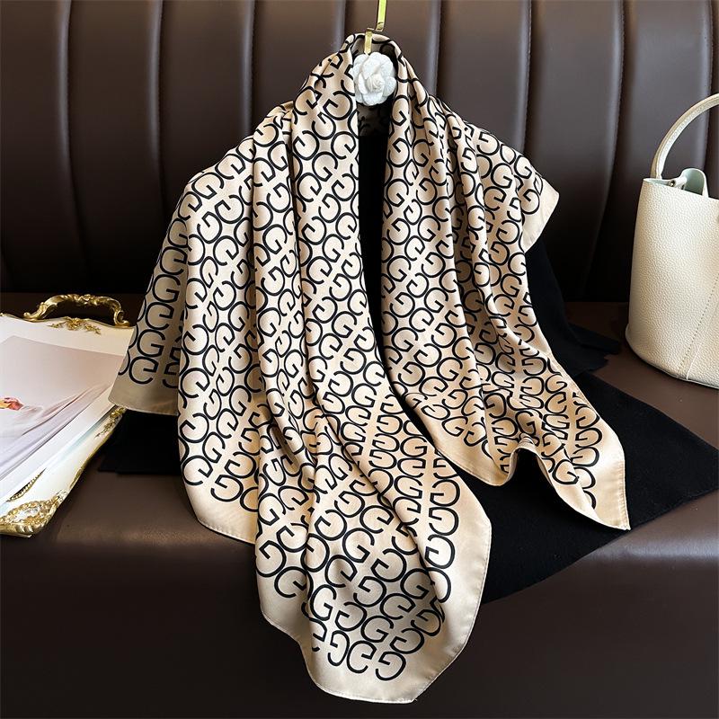 Women's Retro Twill Silk Scarf - 90cm Versatile Shawl for Travel & Sun Protection