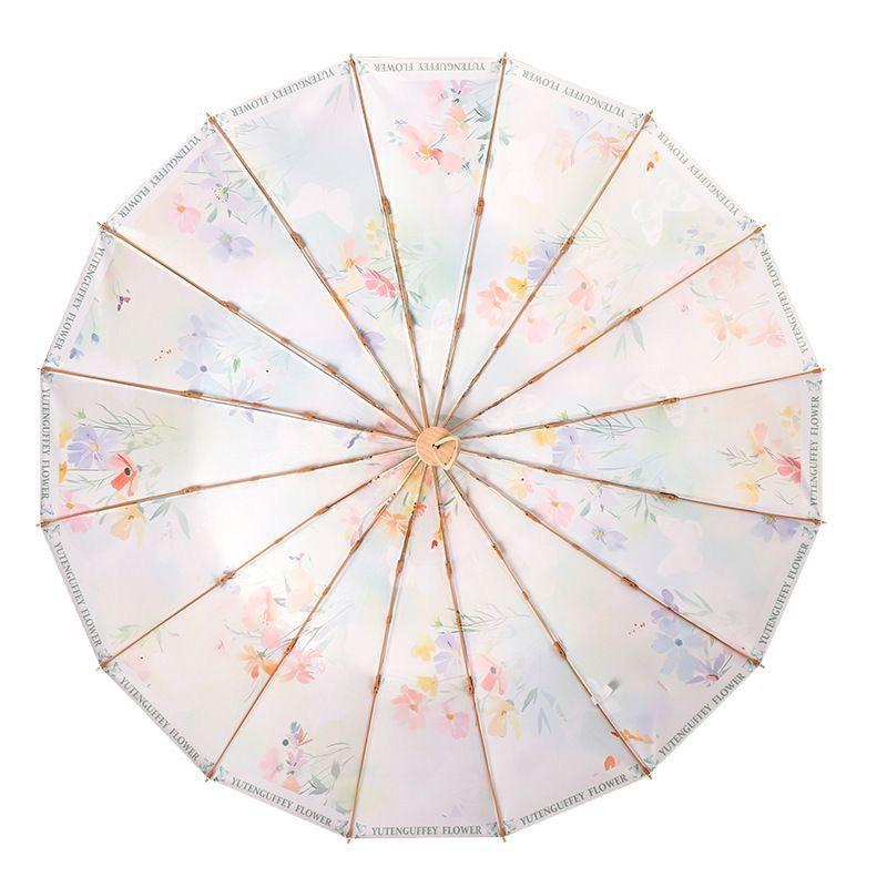 16-Speichen dreifach faltbarer handgeöffneter goldener Skelett-Sonnenschirm, fortschrittlicher Sonnenschirm, Sonnenschutz, Wetter und Regen, hochwertiger Klappschirm