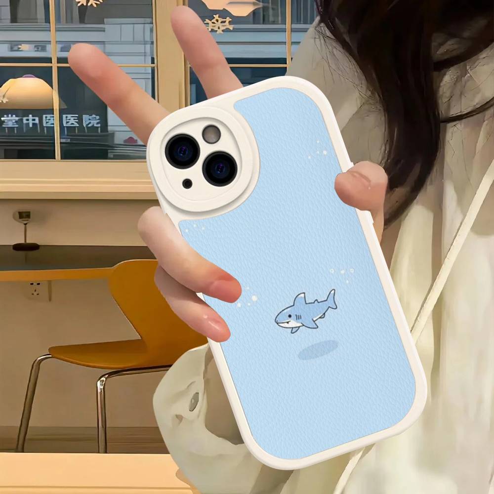 Cute anime Shark Leather Phone Case For iPhone 16 15 14 17 Pro Max 11 12 Mini Plus Soft Shell