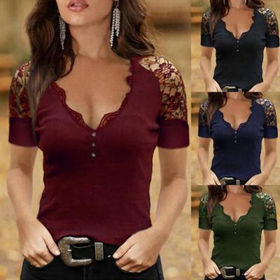 Sommerbluse Unifarben Tiefer V-Ausschnitt Damen Spitze Ärmel Durchsichtiges T-Shirt für Party