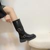 Soft leather mid-height boots Western cowboy boots Women's belt buckle Korean version retro knight boots Brown boots over the knee
