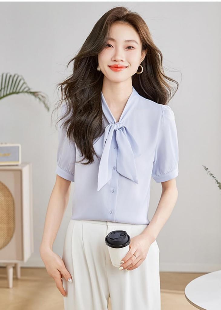 Bowtie Blouse for Long Short Loose Everyday Summer Short Sleeve [billevan] Women, Shirt, Sleeve, Sleeve, Chiffon, Ribbon, Bowtie, Refreshing, Top,