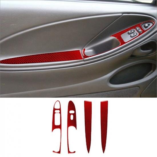 4Pcs Red Carbon Fiber Interior Door Control Cover Trim For Ford Mustang 2001-04