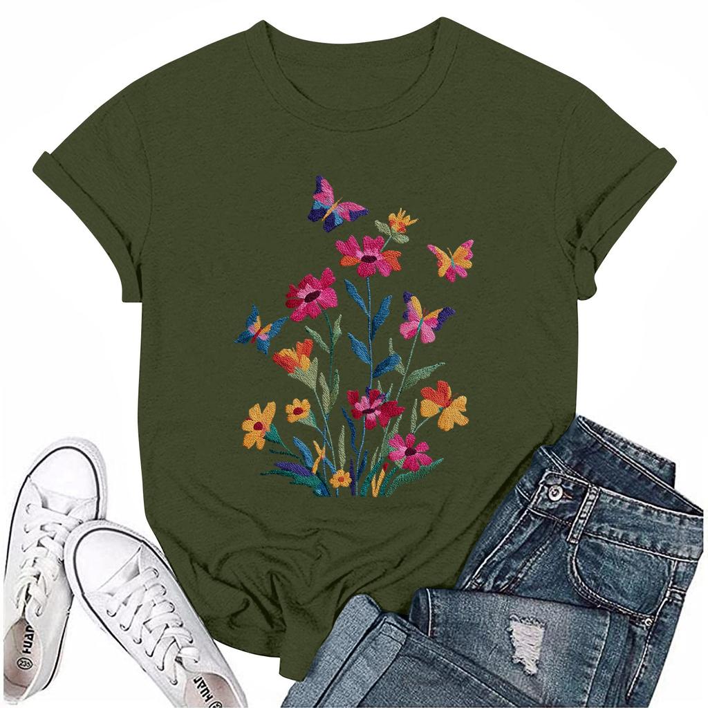 Women's Fashion Casual Printed Round Neck Short Sleeved T-Shirt Top T-Shirt Top Top