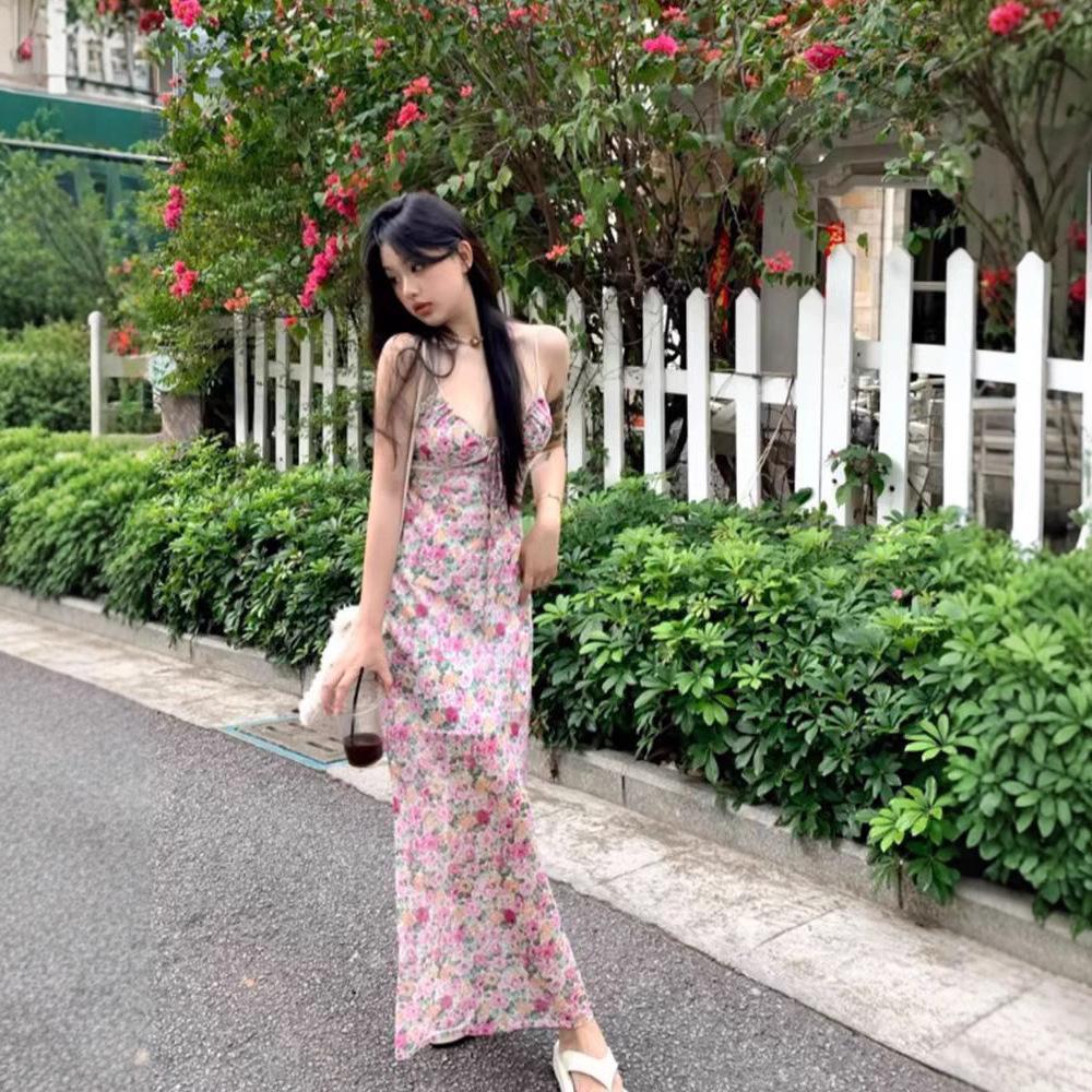 Sexy Spice Girl Lace Edge Floral Suspender Dress Women's Summer New Slim Straight Vacation Style Medium and Long Skirt
