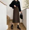 Women's 2025 Spring & Autumn High Waist Wool A-line Bodycon Skirt - Slimming Black Slit Design for Versatile Hip Coverage
