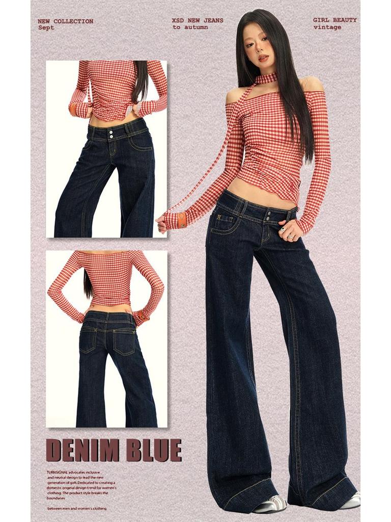 25. OOTD: Americké Retro Tmavě Modré Micro-Flare Volné Zeštíhlující Dlouhé Džíny