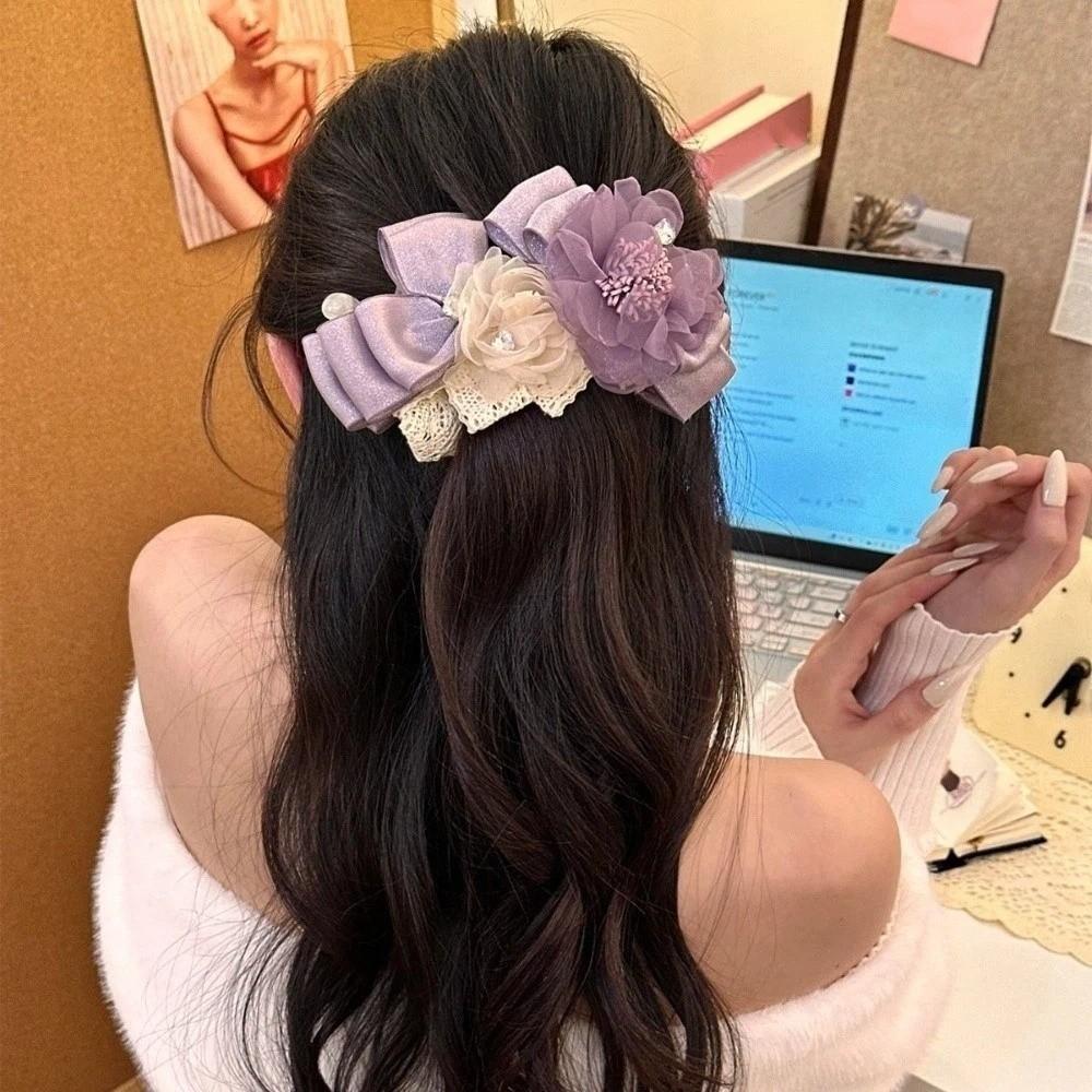 Resin Flower Banana Clip Korean Style Women Ponytail Holder Purple Mesh Vertical Clip Banquet