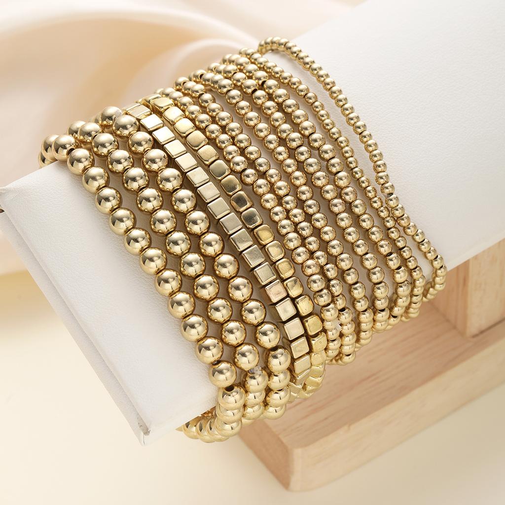 12pcs/set Vintage Punk Handmade Block Ball Beaded Bracelets for Women Gold Color Stretchy Bracelets Simple Fashion Party Jewelry