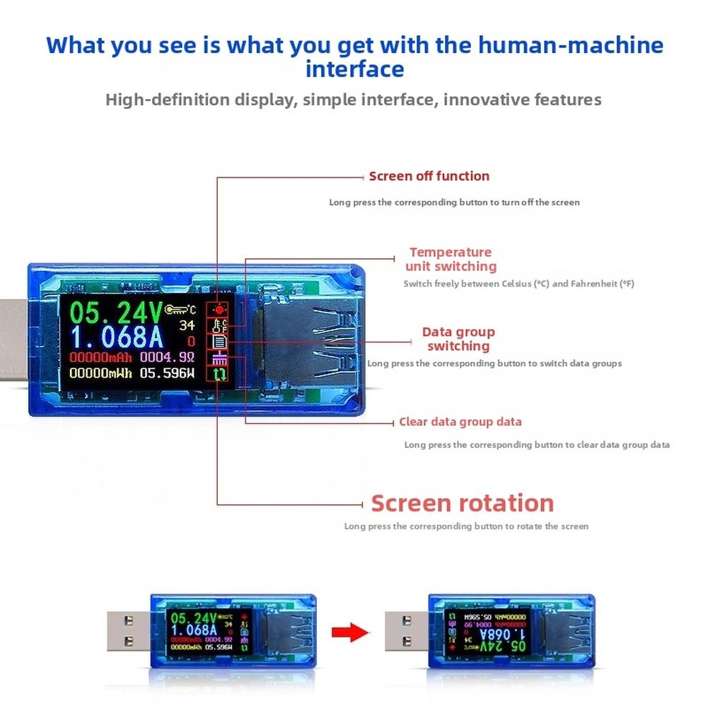 Compact USB Tester with Color Screen for Accurate Voltage Current Power Battery Capacity Measurement with Memory Function