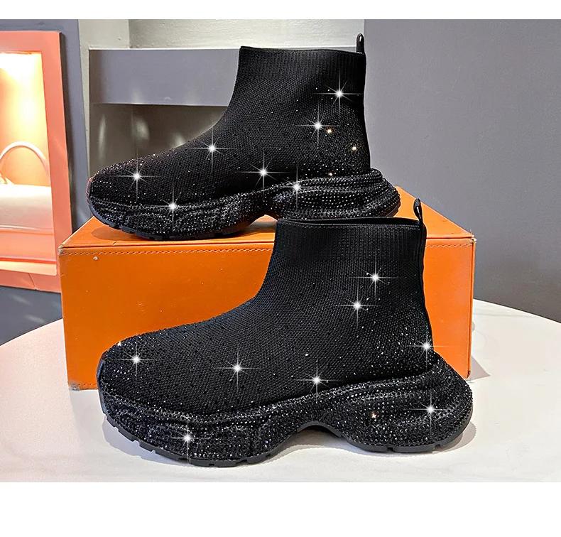 Fashion 2024 New Water Diamond High-top Sports Shoes for Women with Elastic Socks Boots and Spongy Breathable Casual Elevated Shoes