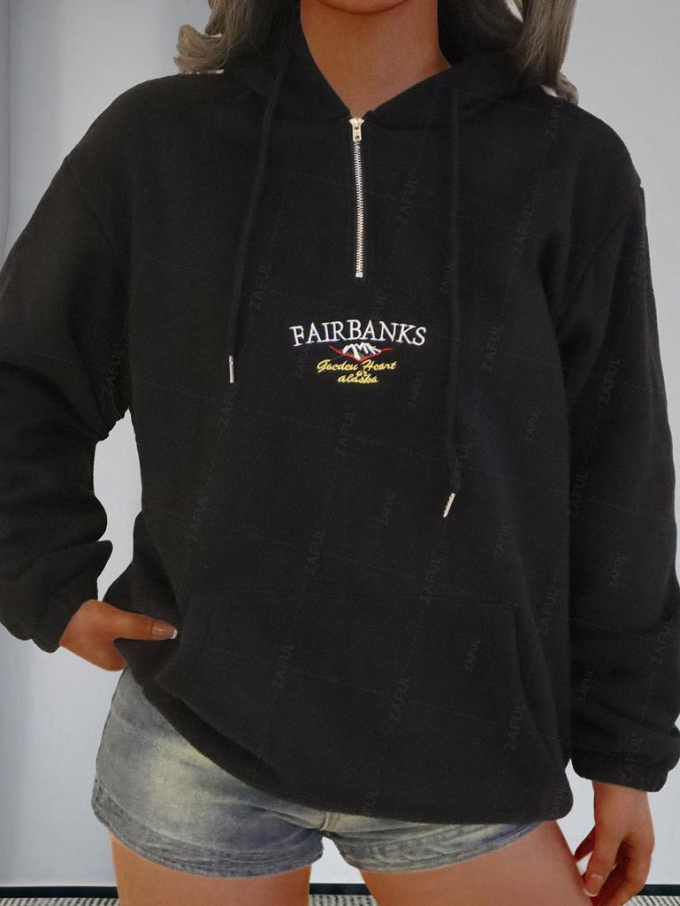 ZAFUL Women's Vintage Polar Fleece Letter Mountain Embroidered Quarter Zip Hoodie