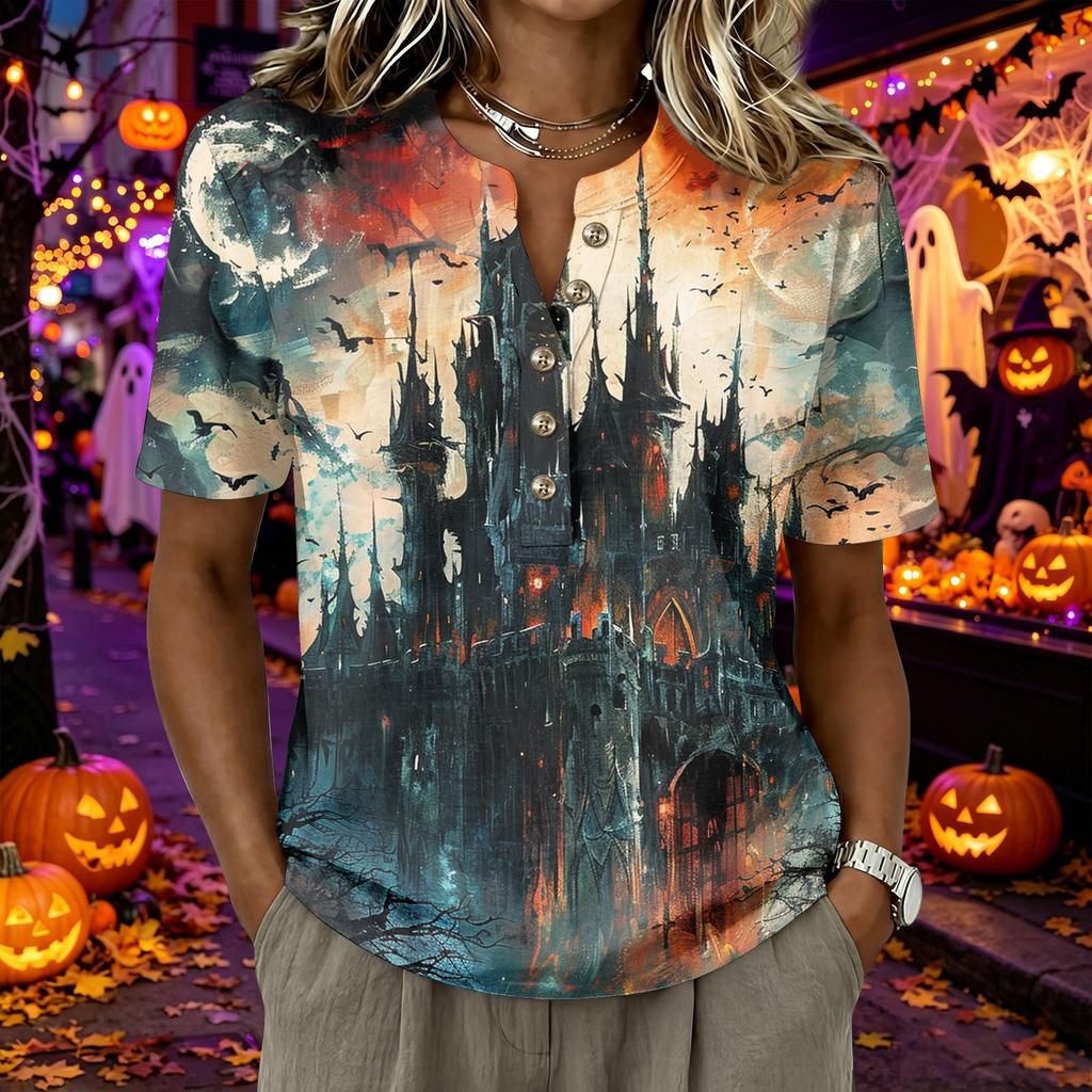 Women's Short Sleeve Henley Shirt Button Front Casual Loose Fit Cotton Linen Blend Top Halloween Graphic Print