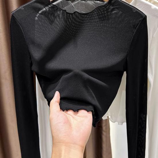 Women Summer Bottoming Tops Round Neck Long Sleeve Mesh Perspective Tops Sun Protection Inner Tops Daily Wear