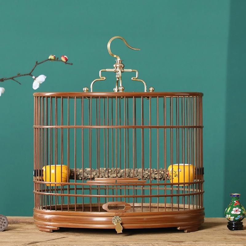Bamboo Bird Cage Handmade Embroidered Eyes Flexible Bottom Cage Pet Round Polished Bamboo Silk Cage