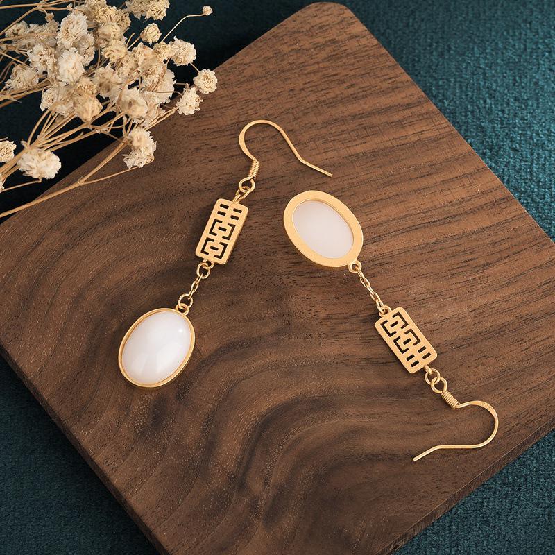 Double Happiness White Jade Earrings - Palace Design for a Slimming Round Face Look