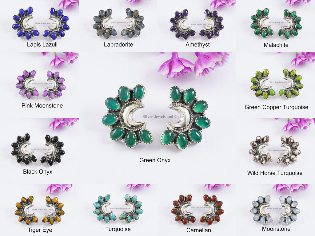 Turquoise Crescent Moon Stud Earrings: 925 Sterling Silver Bohemian Jewelry
