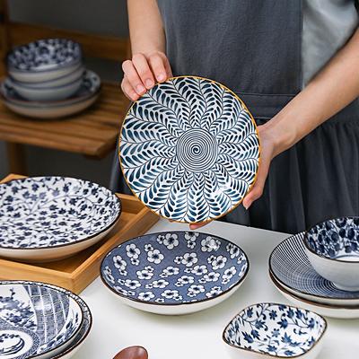 Japanese Retro  Dinner Plate Ceramic Printing Round Tableware with Various Patterns Home Restaurant Heating Plates