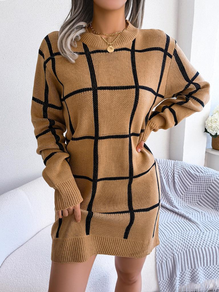 Winter Casual Color Checkered Long Sleeved Base Woolen Dress For Women