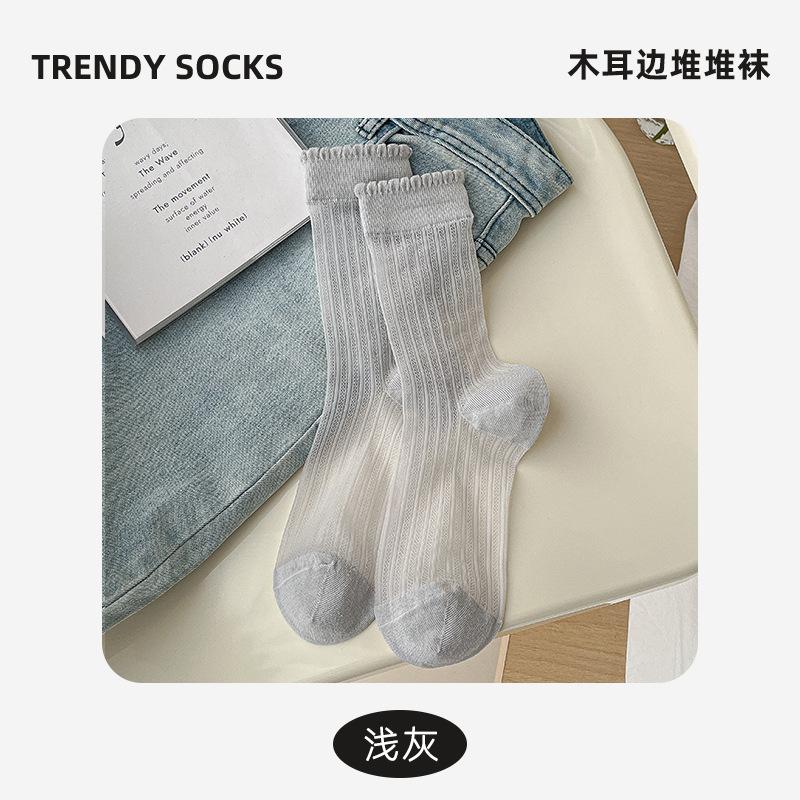 Socks Summer Thin Wood Ear Edge Lace Hollow Mesh Breathable Stacking Socks College Style Versatile Medium Tube Socks