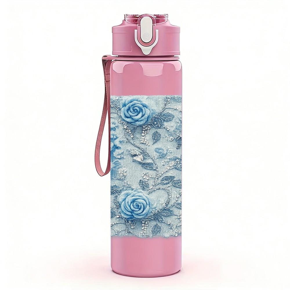 1PC Blue Thistle Floral Texture Print 750ml Color Plastic Sports Water Bottle Leakproof Flip Straw Lid Suitable for Sports Office Home Use