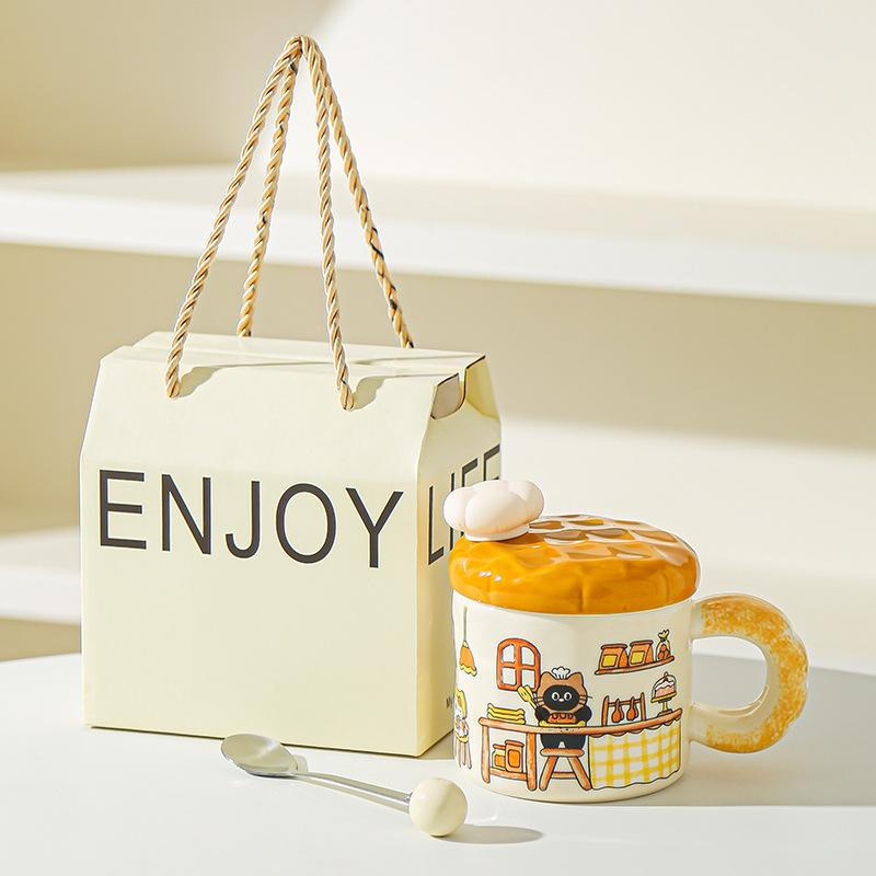 Korean Creative Bread Mug Cartoon Cat Ceramic Cup with Lid Household Water Cup Birthday Gift Souvenir