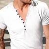 V-Neck Short Sleeve Buttons Half Placket Thin Men T-shirt Summer Solid Color Slim Fit Sport Top Streetwear
