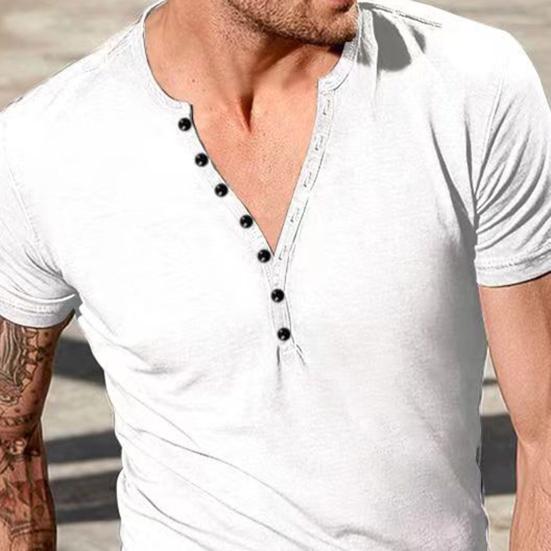 V-Neck Short Sleeve Buttons Half Placket Thin Men T-shirt Summer Solid Color Slim Fit Sport Top Streetwear