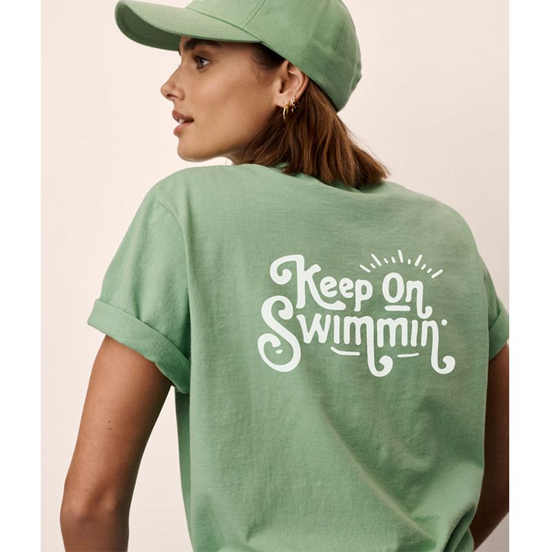 Keep on Swim American vintage Sports Style Niche Letters Print Light Pea Green Pure Cotton Short sleeve T-shirt Women