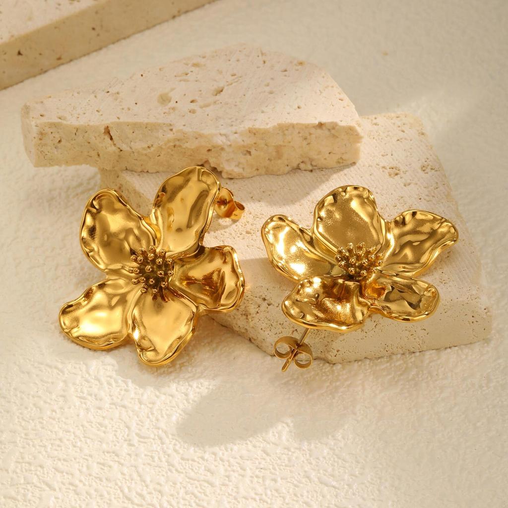 Flower Earrings Studs for Women Nickel Free, Chunky Stainless Steel Personality Big Pearl Floral Stud Earring Christmas Gift