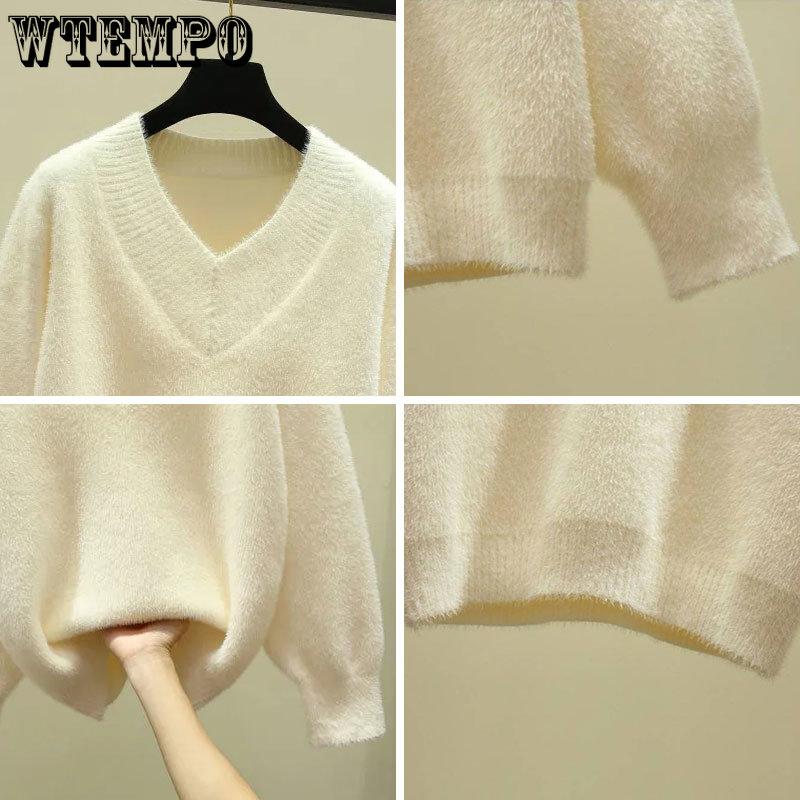 V-neck Mink Sweater Thickened Knitted Jumper Female Korean Style Pullover Loose Casual Sweater Winter Warm Outwear Bottming Tops