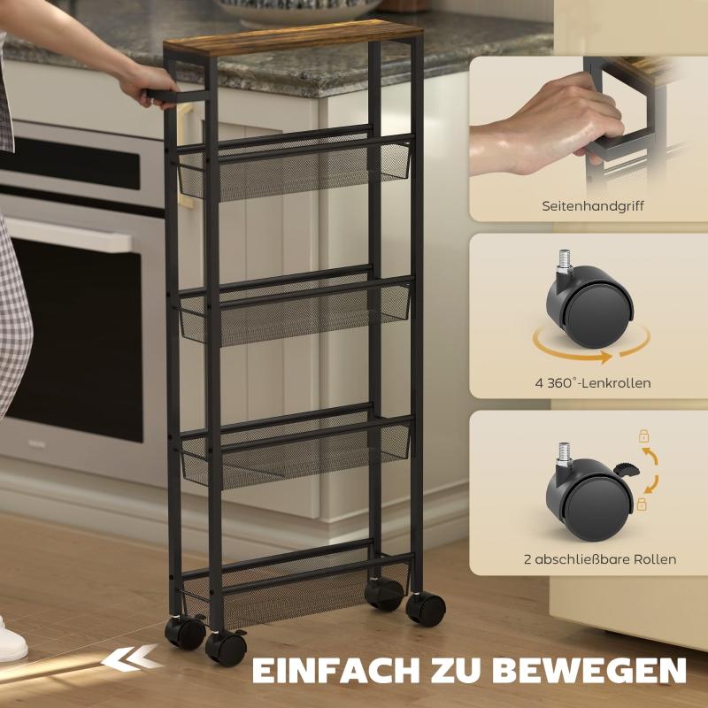 Kitchen Cart Serving Trolley with 5 Levels, Rolling Cart Kitchen Shelf with Worktop, Wheels, Handle, 47 x 13 x 96.5 cm, Black