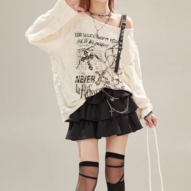 Y2k Gothic Grunge Dark Hollow Out T Shirt Frauen Harajuku Hollow Out Off Shoulder Sexy Tees Herbst Punk Letter Print Tops