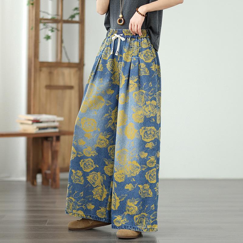 Vintage Style Flowers Denim Pants Female High Waist Loose Casual Straight Pants Summer Casual Streetwear Jean Pants