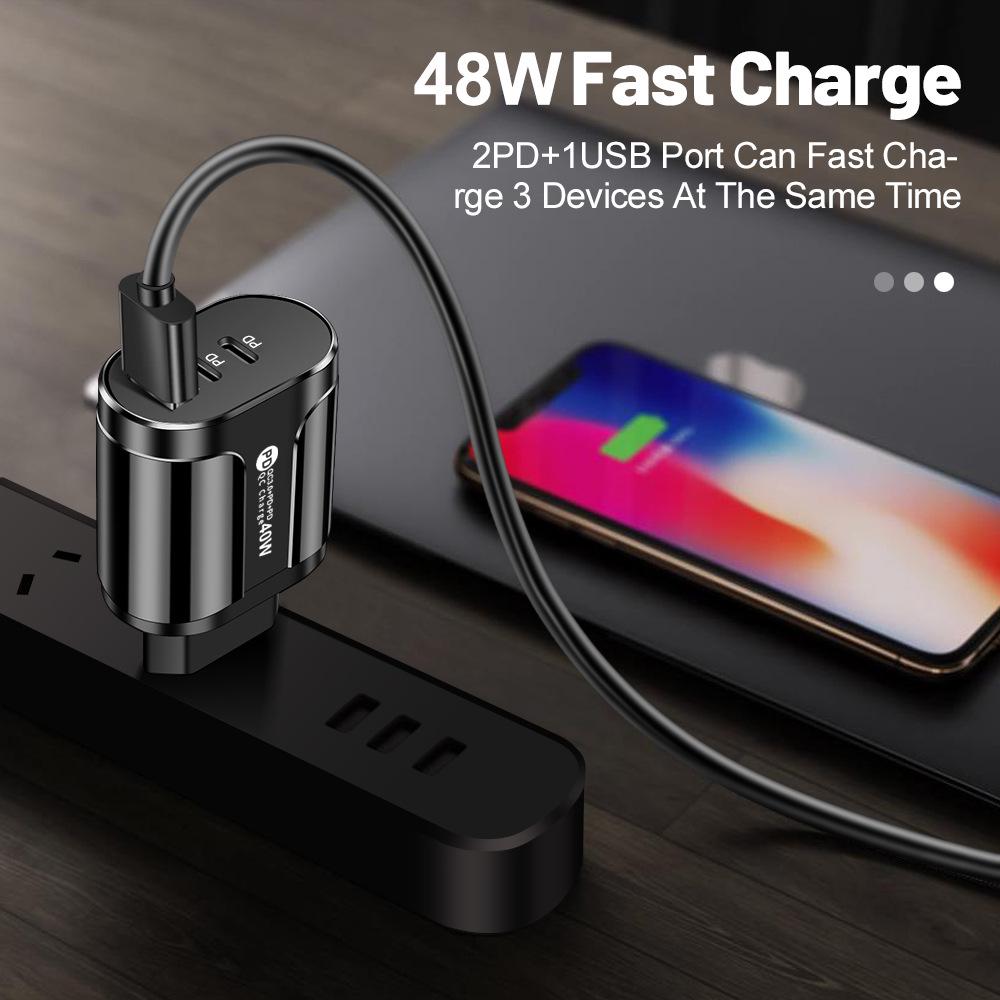 LED Travel Charger 2.4A USB + 2PD Type-C, EU/US Spec with Indicator Lights