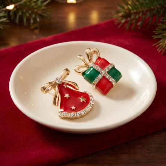Asymmetrical Christmas Earrings 1 Pair Enamel Rhinestone Stud for Women, Dress Festive Party Accessories And Gift Box Earrings, Sparkling Holiday