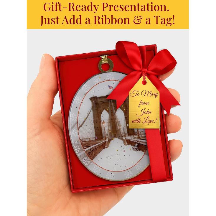 Brooklyn Bridge Snow New York Ornament - NYC Holiday Collectible, Double-Sided Brass with Glitter and Epoxy, Gift-Boxed, 2.5 x 3 Inch by ArtMalore