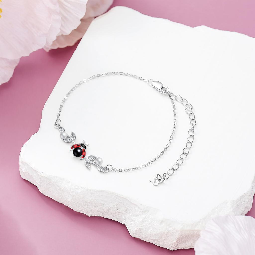 Ladybug Bracelet, Made of 925 Sterling Silver, Hypoallergenic, Ladybug Leaf Bracelet, Ladybug Accessory, Women's