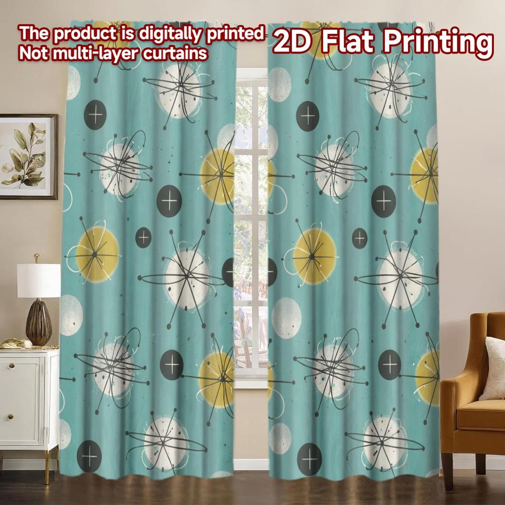 2D FLAT PRINTING 2pcs Curtains (Without Rod) Retro Atomic Design Popular Curtains Machine Washable Fabric Curtains Decorations