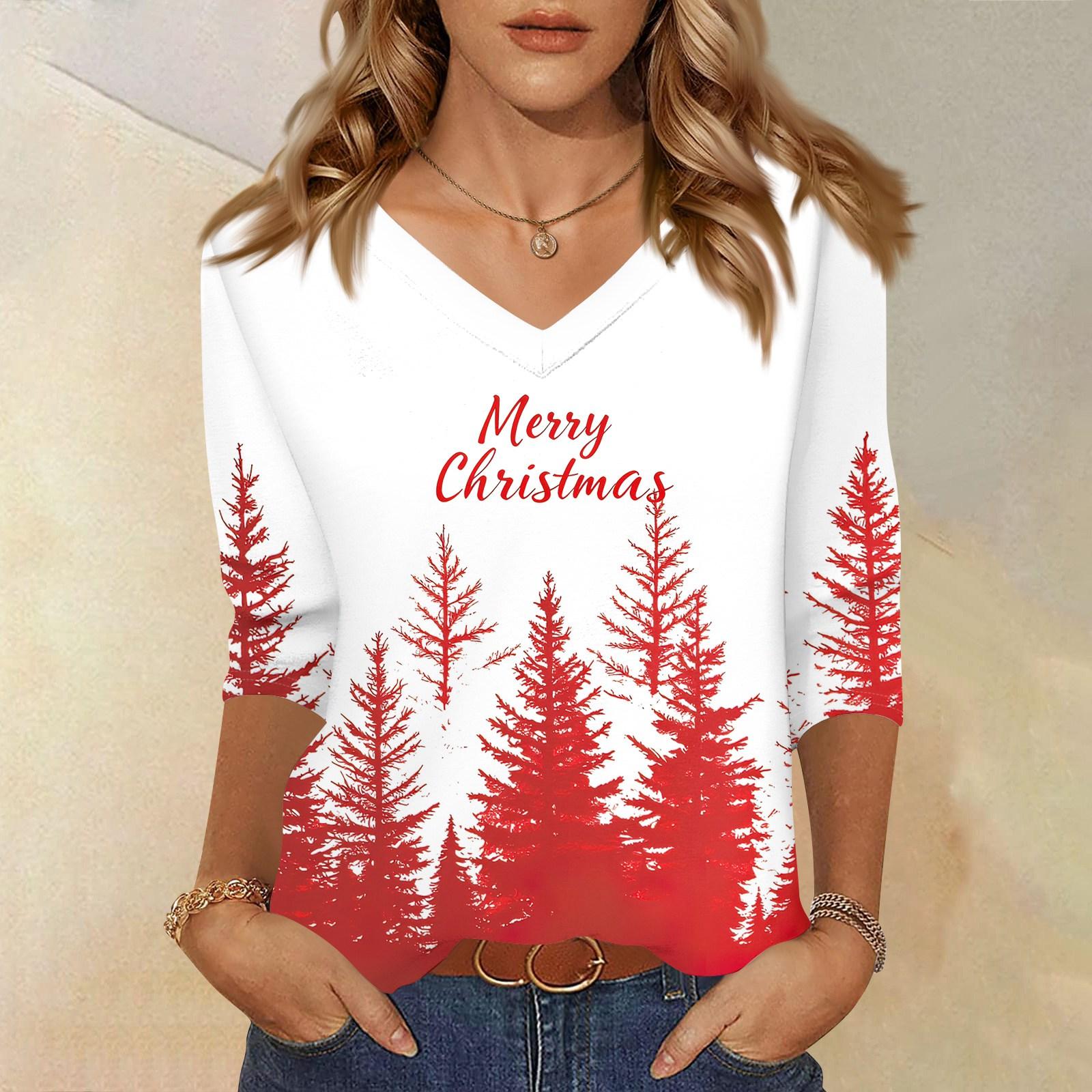 

Женская футболка с рождественским принтом, рукав 3/4, повседневная, для выходных, модная, базовая, с V-образным вырезом, обычный топ XL арбуз красный