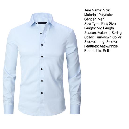 Men Shirt Single Breasted Long Sleeve Lapel Solid Color Slim Fit Dress-up Cardigan Plus Size Anti-wrinkle Spring Shirt for Work